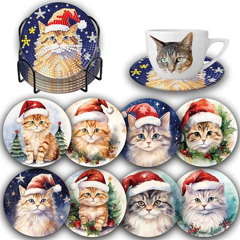 Amazon Pcs Christmas Cat Diamond Art Coasters Kits With Holder