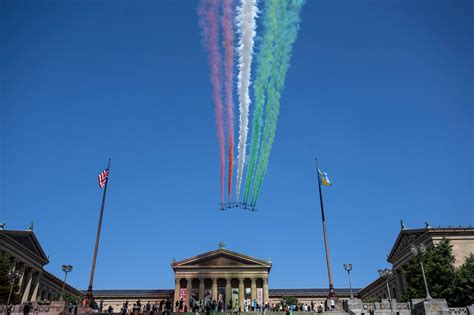 Stunning aerial footage of Italian Air Force flyover as 10 jets fill