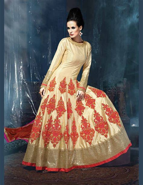 Beige Bhagalpuri Silk Long Anarkali Suit 70660 Long Dresses Online