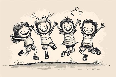 Lively Group Of Children Jumping In Joy Black And White Cartoon Style