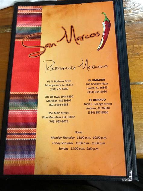 Menu at San Marcos restaurant, Montgomery, 61 N Burbank Dr