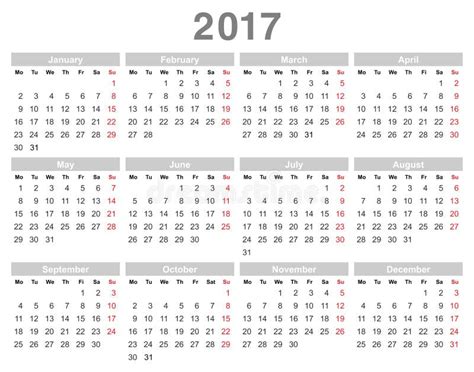 2017-jähriger Jährlicher Kalender Montag Zuerst, Englisch Vektor