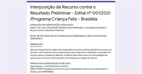 Interposição de Recurso contra o Resultado Preliminar Edital nº 001