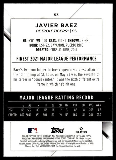 2022 Topps Finest Javier Baez Detroit Tigers 53 EBay