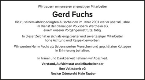 Traueranzeigen Von Gerd Fuchs Trauerportal Ihrer Tageszeitung