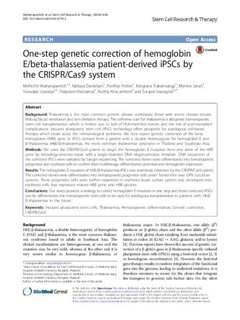 Pdf One Step Genetic Correction Of Hemoglobin Ebeta Thalassemia Patient Derived Ipscs By The