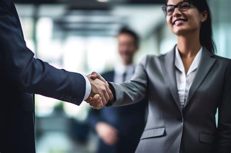 Premium AI Image Photo Of A Man And Women Shaking Hands Wearing Suits