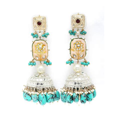 Dugran By Dugristyle Peach And Blue Jhumkas Earring With Kundan And