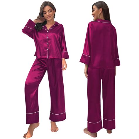 Eeekit Womens Silk Satin Pajamas Set Two Piece Button Down Long Sleepwears Set Smlxlxxl