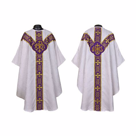 MCI White Gothic Vestment Mass Set IHS White With Purple Orphrey