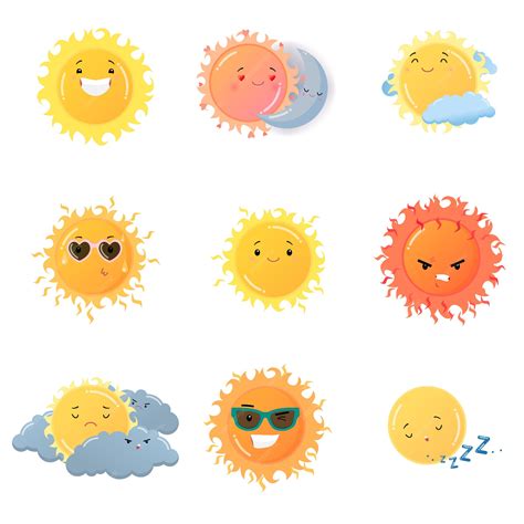 Premium Vector | Sun emoji stickers set isolated on white background