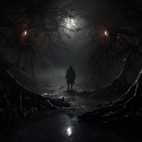 There Is A Man Walking Through A Dark Forest At Night Generative Ai