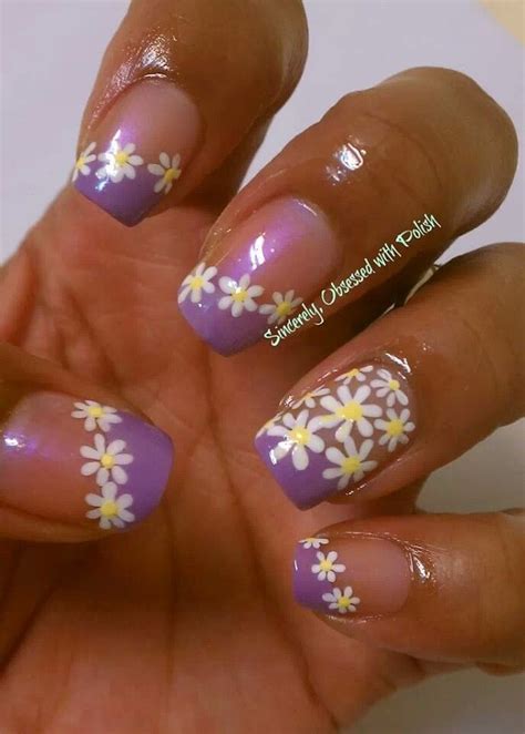 Purple Tips With Flowers Daisy Nails Flower Nails Fingernail Designs