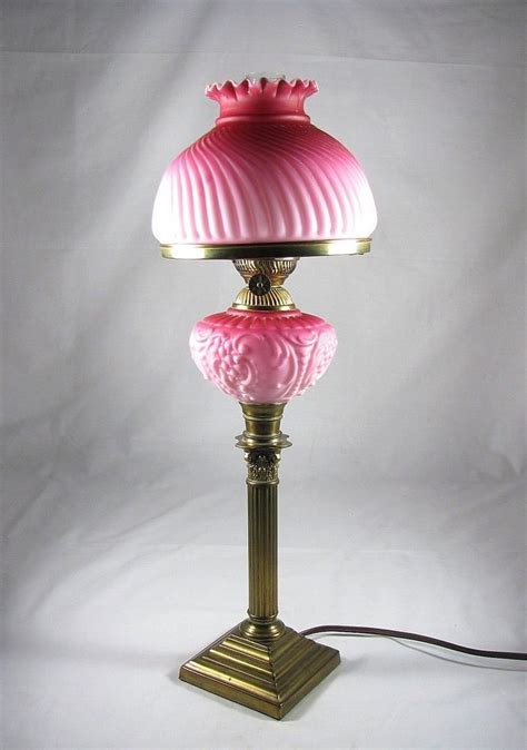 Antique Vtg Pink Burmese Glass Kerosene Oil Banquet Lamp Electric Antique Table Lamps