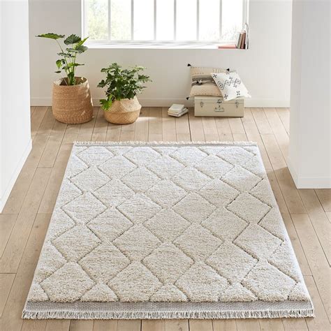 A White Rug With Fringes On The Floor In Front Of A Window And Potted Plant