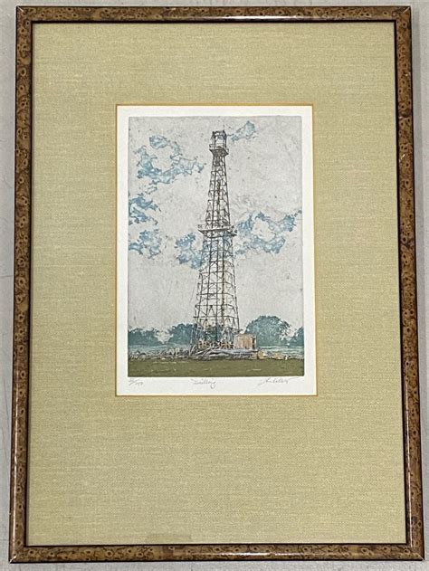John Collette Drypoint Etching Original Art Vintage Texas Art Oil Rig