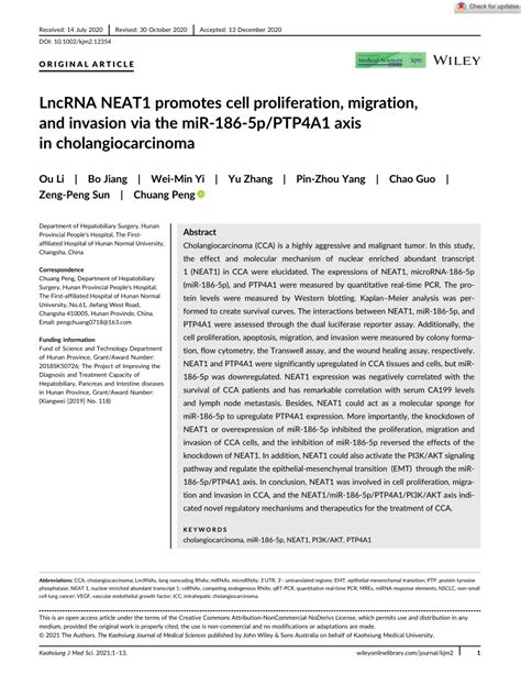 PDF LncRNA NEAT1 Promotes Cell Proliferation Migration And Invasion