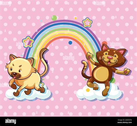 Two Cats On The Cloud With Rainbow On Pink Polka Dot Background