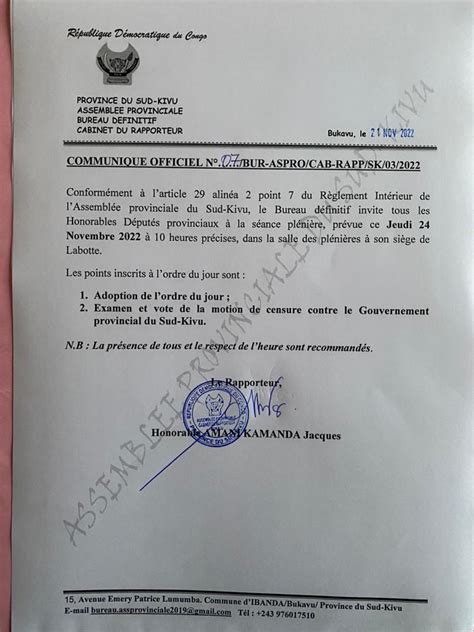 Edmond Izuba On Twitter Sud Kivu Une Motion De Censure Sera Vot E