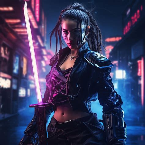 Premium Ai Image Female Futuristic Cyberpunk Kung Fu Fighter Night