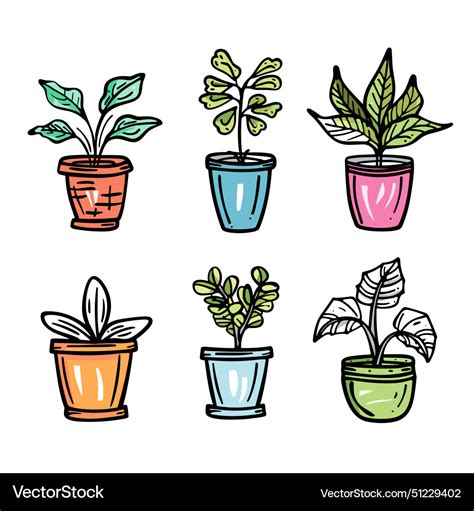 Handdrawn Potted Plants Collection Isolated White Vector Image