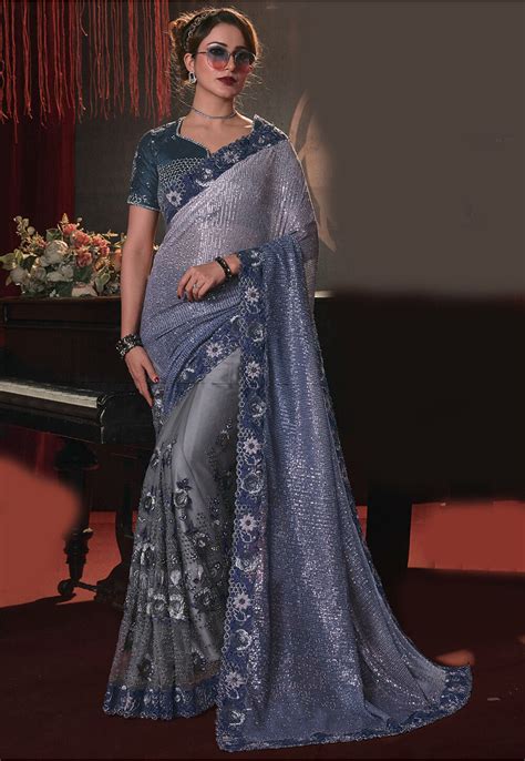 Buy Half N Half Lycra Elastane Saree In Blue And Grey Online