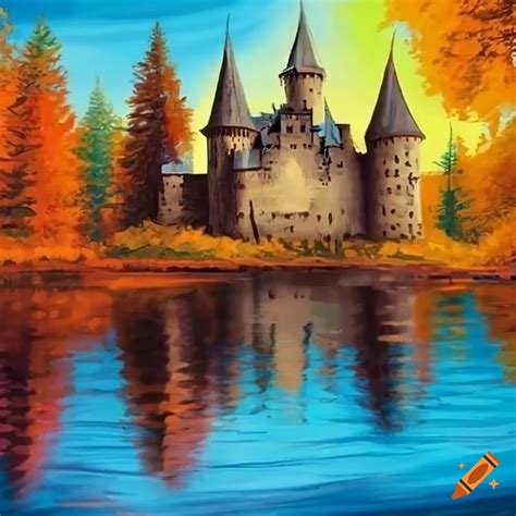 Bob Ross Style Painting Of A Castle By The Lake In Autumn On Craiyon