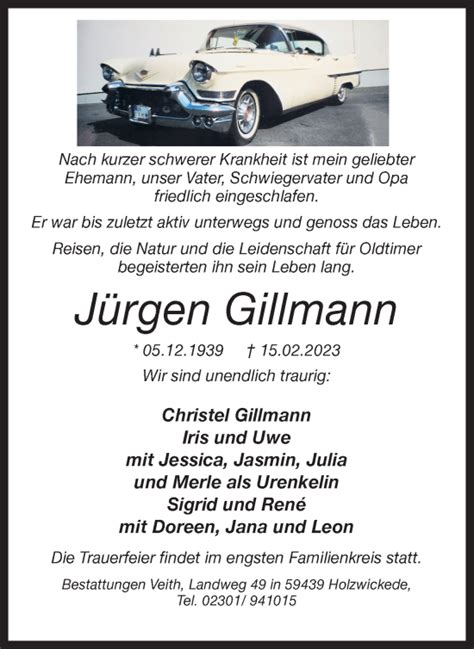 Traueranzeigen von Jürgen Gillmann sich erinnern de