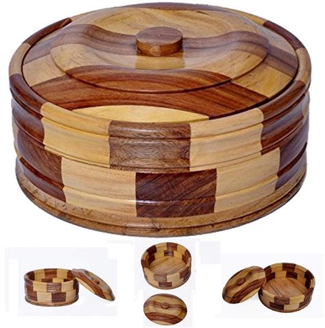 Buy WOODENCLAVE Solid Sheesham Wood Hot Pot Roti Box Set Casserole Sets Chapati Storage