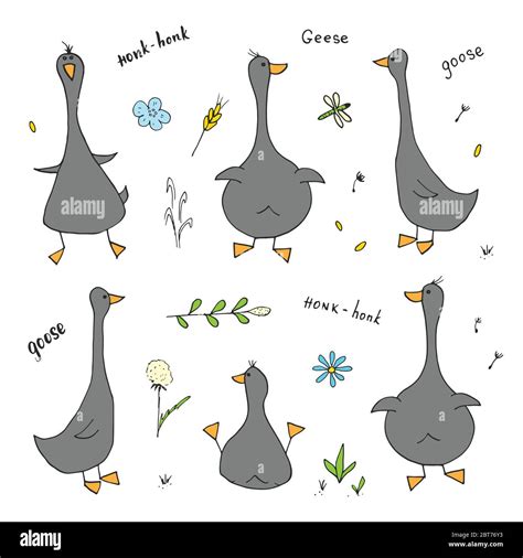 Goose Doodles Set Cute Geese Sketch Hand Drawn Cartoon Vector