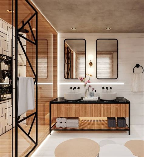 A Bathroom With Two Sinks Mirrors And Stools On The Floor In Front Of It