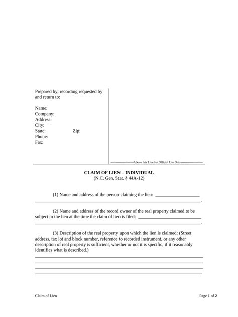 Claim Of Lien By Individual North Carolina Form Fill Out And Sign