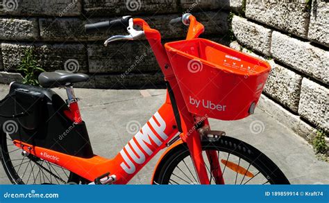 Jump Logo On Uber Red Bicycles Bike Sharing Service Integrated In The