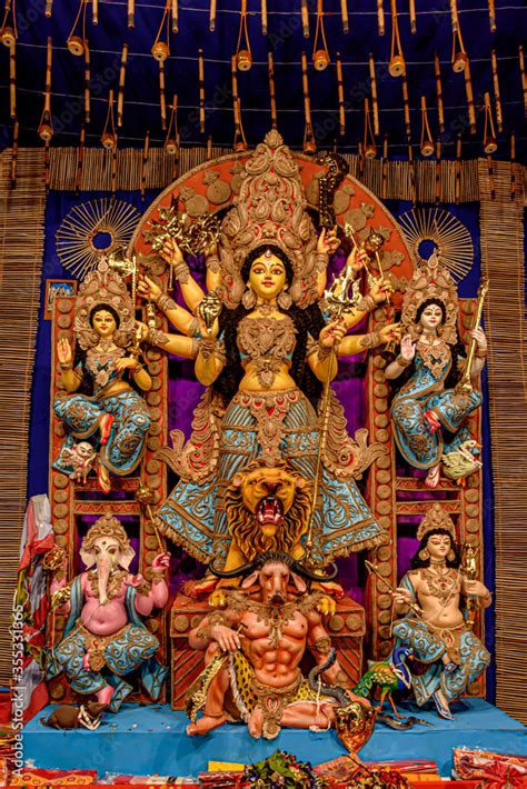 Idol Of Goddess Devi Durga At A Decorated Puja Pandal In Kolkata West Bengal India Durga Puja