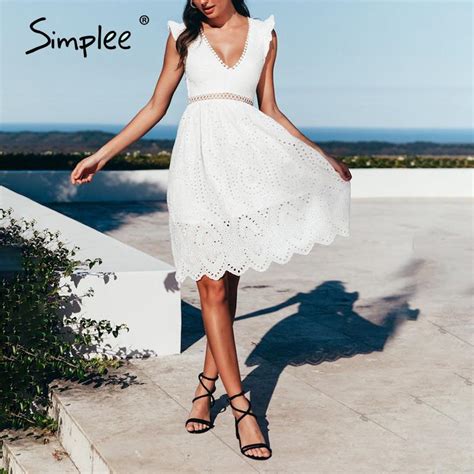 Buy Simplee Sexy White Women Summer Dress 2019 Backless V Neck Ruffle