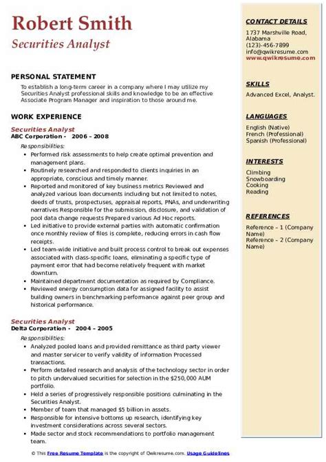 Securities Analyst Resume Samples Qwikresume