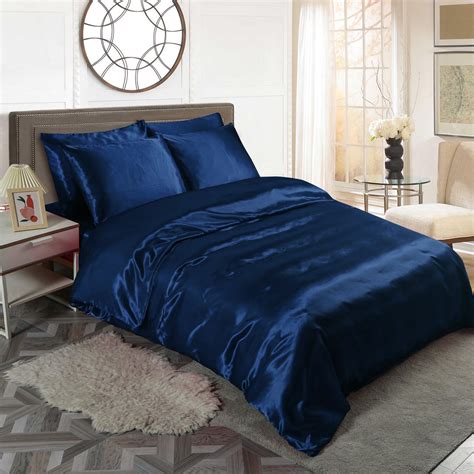 Navy Blue 6pc Satin Panel Double Bed Duvet Quilt Cover Set 5060543353235