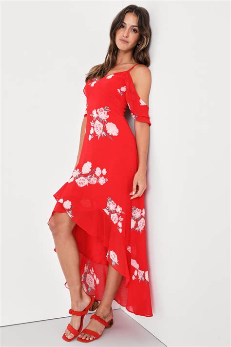 Cute Red Dress Floral Print Dress Off The Shoulder Dress Lulus