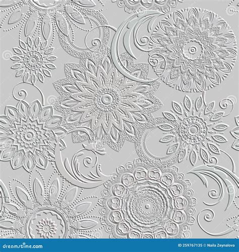 3d Floral Mandalas Emboss Seamless Pattern Textured Beautiful Flowers Relief Background Repeat