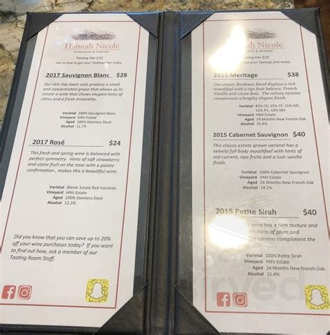 Hannah Nicole Vineyards Menu In Brentwood California Usa
