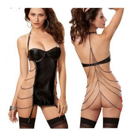MENGMA Sexy Lingerie avec Chaîne Sexy Nuisette de Soirée Déshabillé SM Pyjama Sous Vêtement Noir
