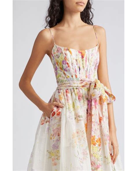 Zimmermann Natura Floral Linen Silk Organza Corset Midi Dress Lyst