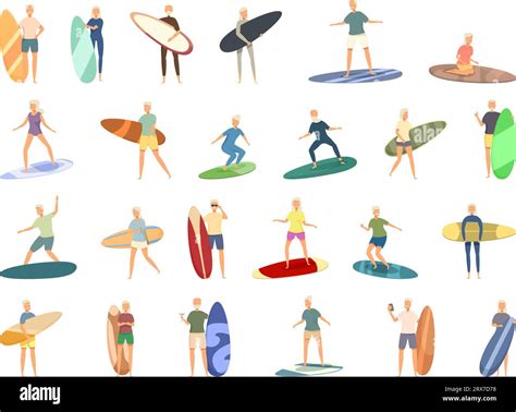 Seniors On The Surf Icons Set Cartoon Vector Active Fun Water Beach