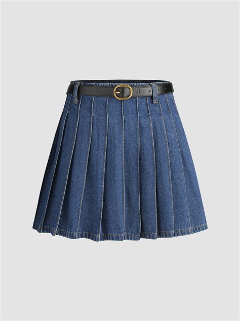 Denim Denim Low Waist Solid Pleated Skirt For Daily Casual Outdoor Picnic