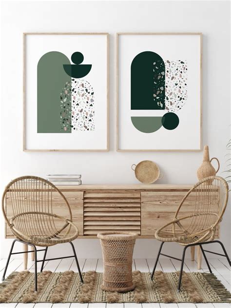 Mid Century Modern Wall Print Set Of 2 Green Prints Abstract Wall Art