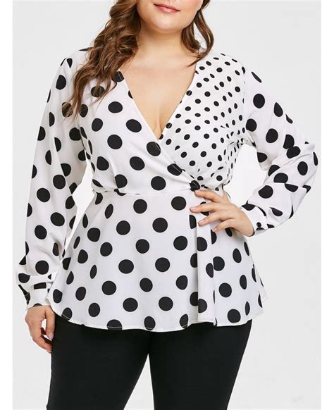 20 85 Plus Size Polka Dot Contrast Surplice Blouse White