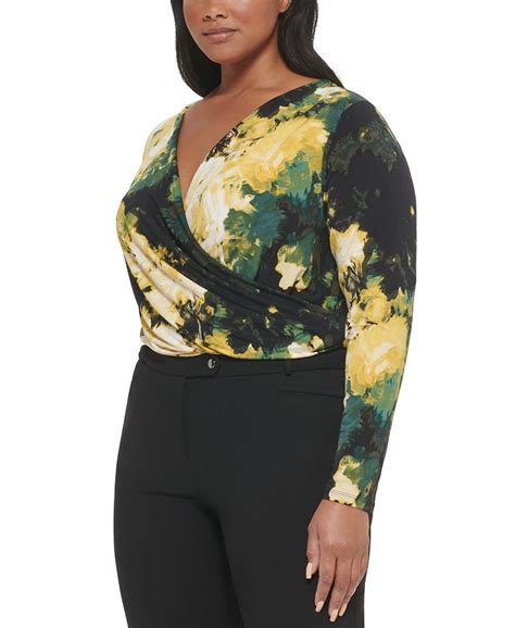 Calvin Klein Plus Size Printed Surplice V Neck Top Macys