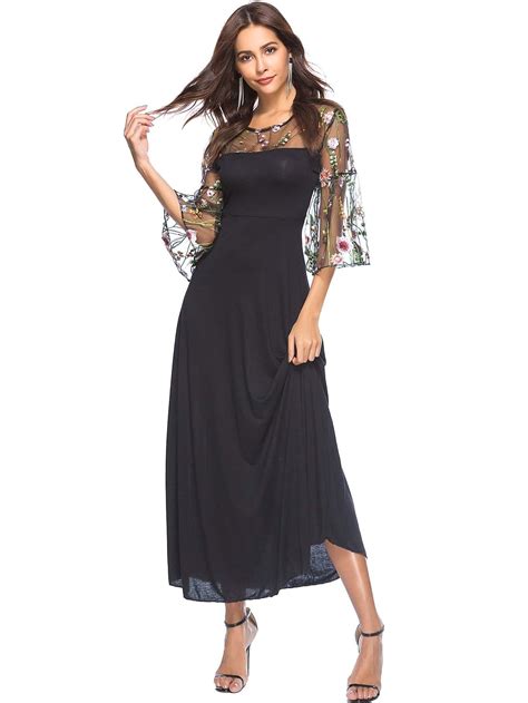 Sheer Mesh Panel Embroidery Flounce Sleeve Dress Shein Uk