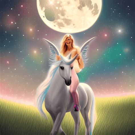 Beautiful White Women On Unicorn In Moon Bright Light Creative Fabrica