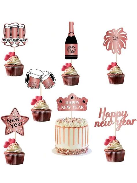 7Pcs Happy New Year Cupcake Toppers 2024 Gold Glitter New Years Cupcake